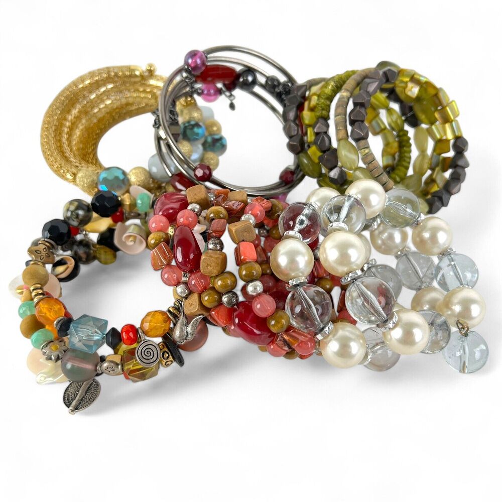 Wrap Bracelets Lot Of 6 Wire Coil Beaded Iridescent Colorful Rhinestones Variety